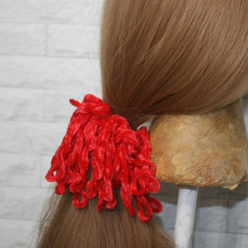 HAND CRAFTED Hair Scrunchie Crochet Chenille Velvet Oversized Fringe Red